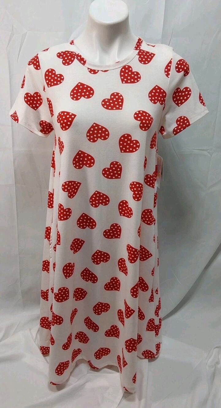 LuLaRoe Jessie Small White With Red Hearts A-Line Dress With Pockets #D122